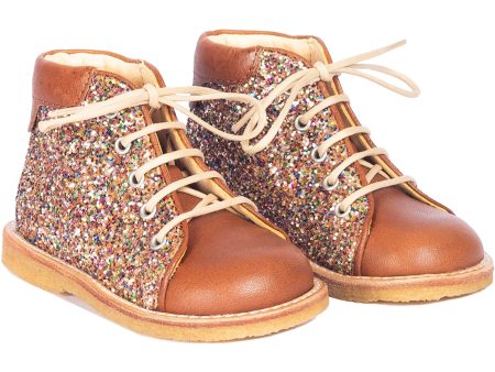 Angulus Cognac Multi Glitter Klassisk Begynder Snøresko Med Funklende Glitter Online Sale